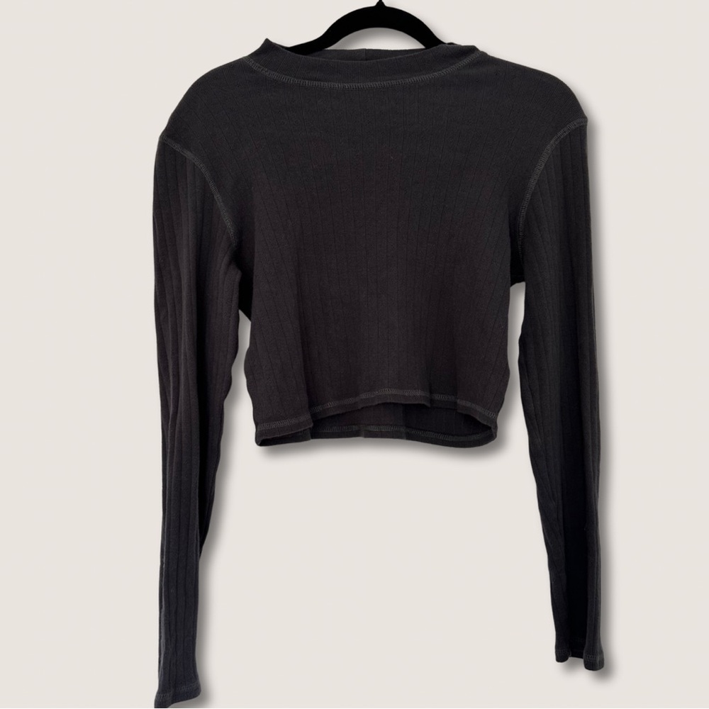 American Eagle (L) Black Pointelle Ribbed Mock Neck Long-sleeve Cotton Crop Top